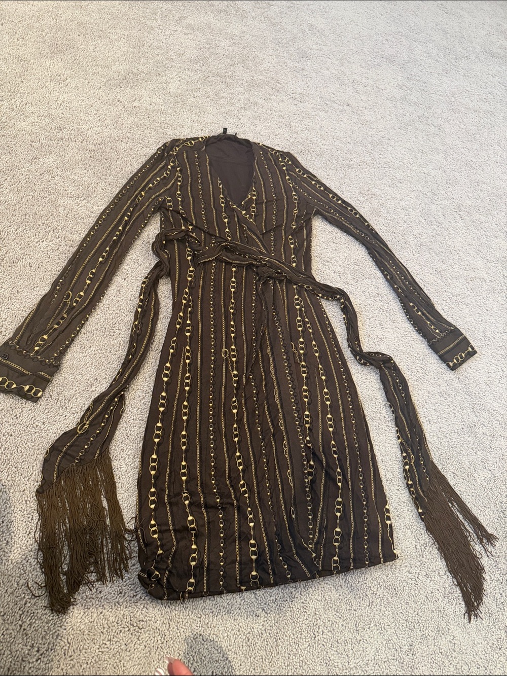 GUCCI Brown Chain-Print Wrap Dress with Fringed Sash- Vintage